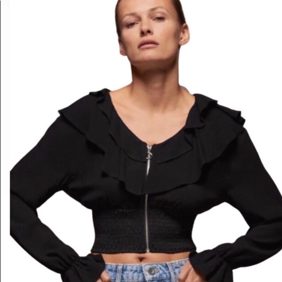 ZARA black ruffled zip front top size M - Picture 2 of 7
